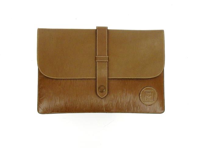 Fendi Portfolio Vintage Homme Envelope Brown Embossed Leather Clutch 