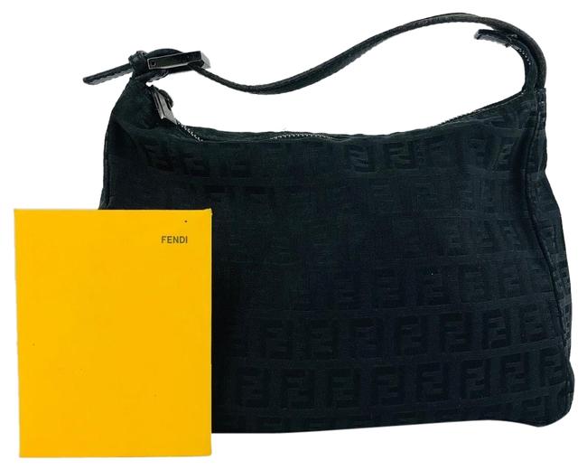 Fendi Mini Jacquard Logo Black Nubuck Leather Hobo Bag 