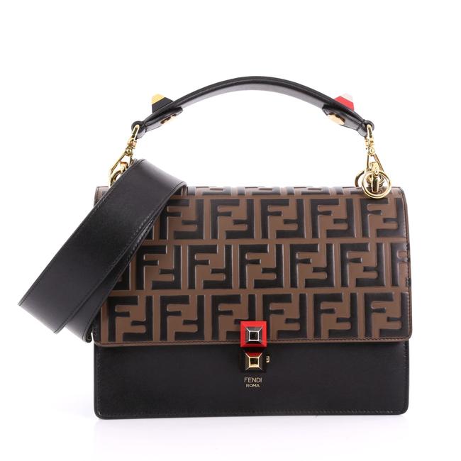 Fendi Kan I Handbag Logo Embossed Medium Black Leather Cross Body Bag 
