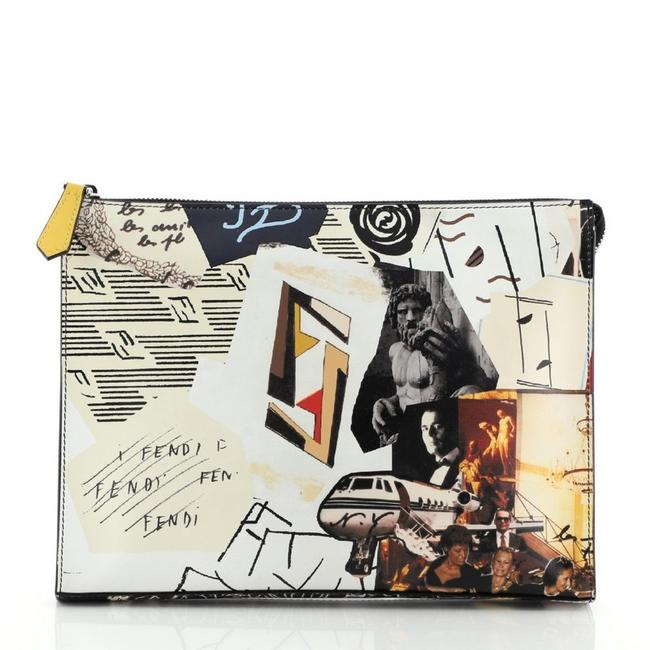 Fendi Karl Zip Printed Print White Leather Clutch 