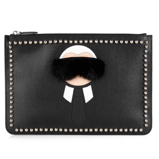 Fendi Karlito Pouch Black Leather and Mink Fur Clutch 