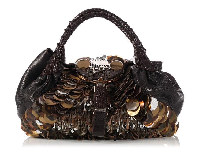 Fendi Large Spy Sequined Brown Leather Satchel 