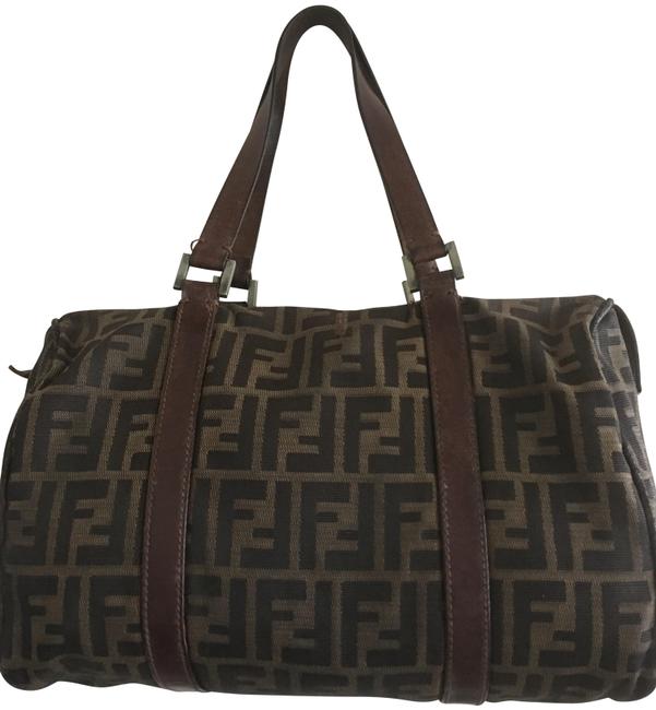 Fendi Lg Boston Purse Tobacco Brown Leather  Canvas Hobo Bag 