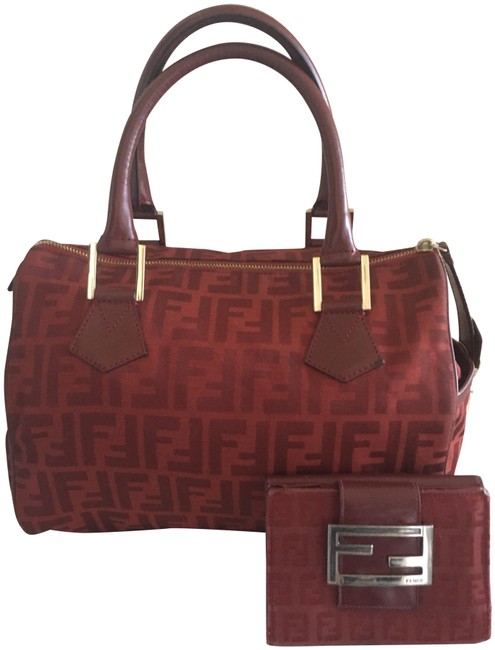 Fendi Lg Boston Zucca Chef with Wallet Deep Red Leather and Canvas Satchel 