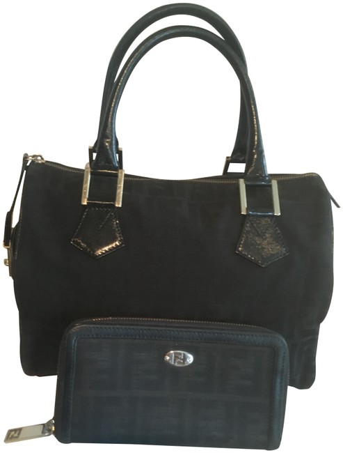 Fendi Lg Boston Zucca Wallet Set Jet Black Shiney Leather and Canvas Satchel 