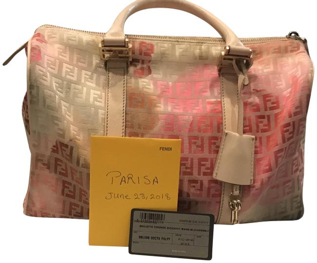 Fendi Limited Edition Zucca Boston Tan and Pink Leather Fabric Satchel 