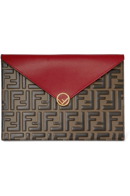 Fendi Logo Embossed Leather Envelope Pouch Clutch 