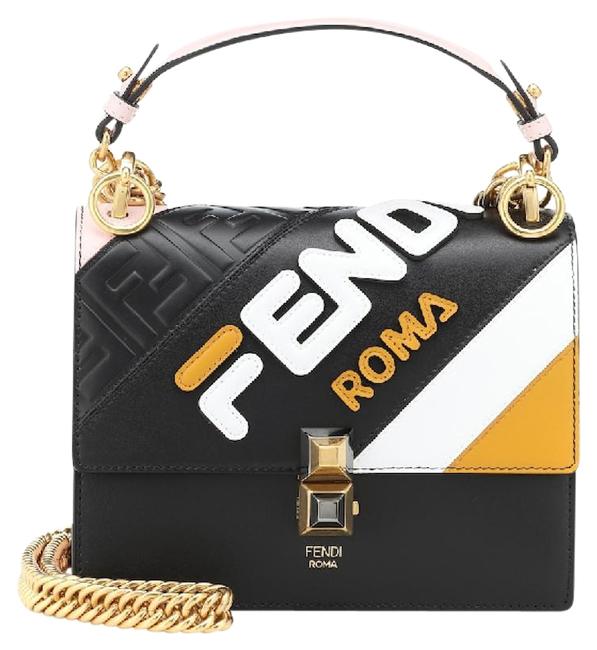 Fendi Chain Logo Kan I Black Leather Cross Body Bag 
