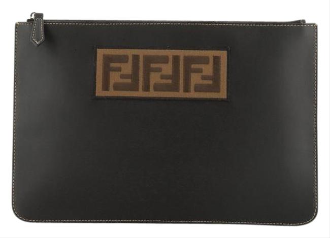 Fendi Logo Pouch Medium Black Leather Clutch 