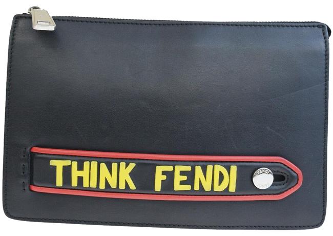 Fendi Logos Hand In Italy Black Leather Clutch 
