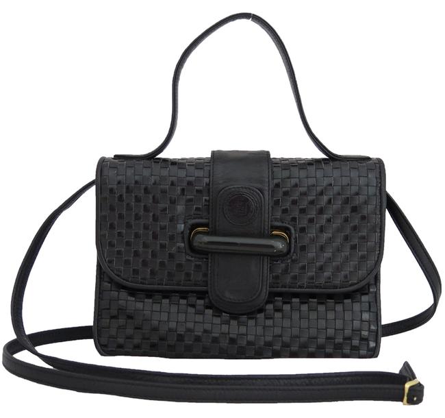 Fendi Shoulder Logos Woven 2 way Black Leather Cross Body Bag 