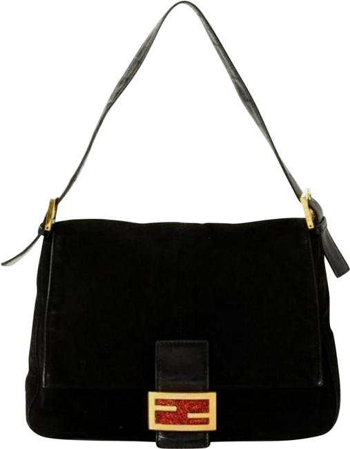Fendi Mamma Baguette Black Suede Leather Hobo Bag 