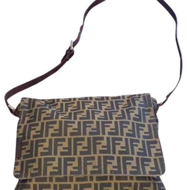 Fendi Messenger With Black Logo Print Brown Leather Cross Body Bag 