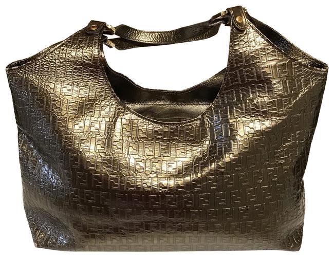 Fendi Metallic Ff Embossed Bronze Leather Hobo Bag 
