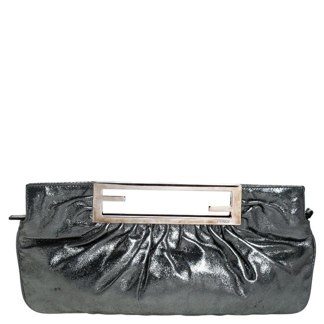 Fendi Metallic Grey Cutout Handle Silver Leather Clutch 