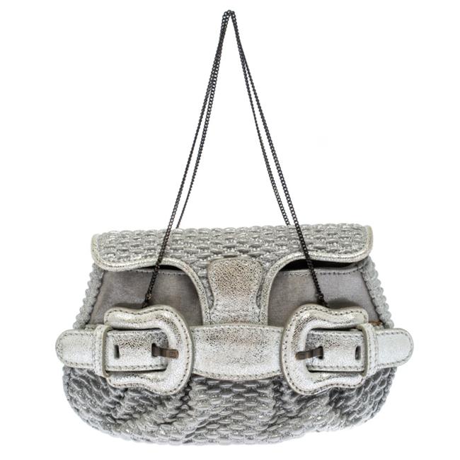 Fendi Metallic Mini B Evening Silver Leather Clutch 