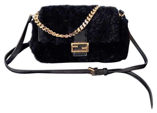 Fendi Micro Baguette Black Shearling Cross Body Bag 