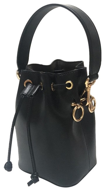 Fendi Bucket Micro Mon Tees Or Black Leather Cross Body Bag 