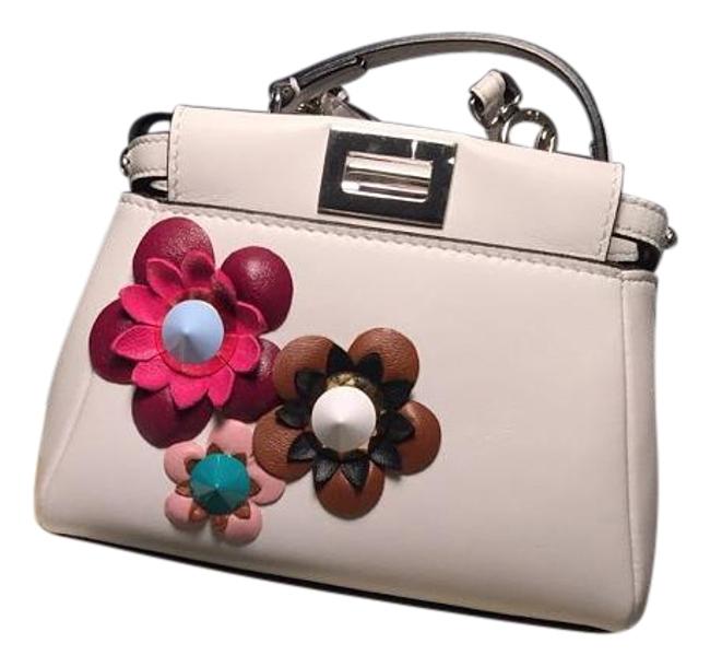 Fendi Micro Peekaboo Floral Satchel White Leather Cross Body Bag 