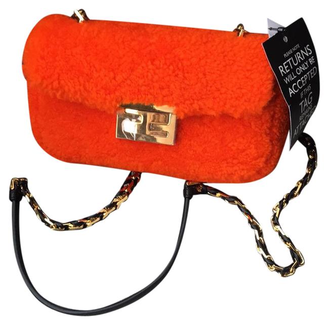 Fendi Mini Baguette Orange Shearling Wool Cross Body Bag 