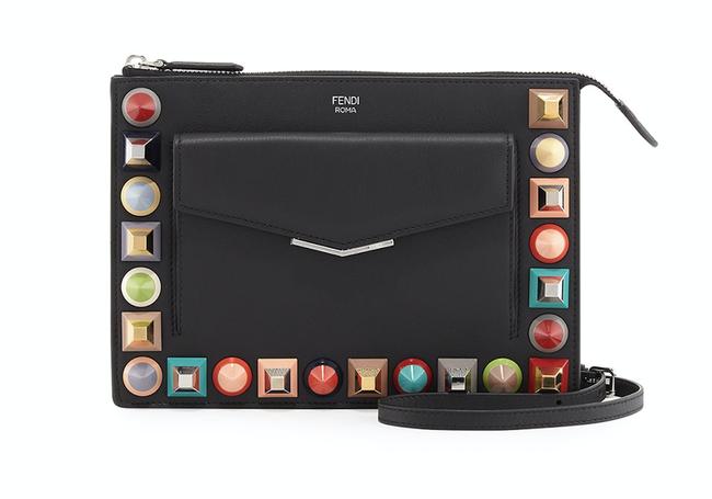 Fendi Mini Studded Zip Pouch Black Leather Clutch 