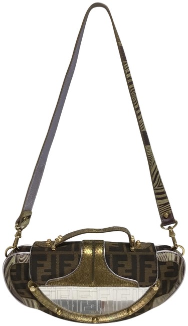 Fendi Mini Vanity Mirrored with Detachable Strap Brown Canvas Clutch 