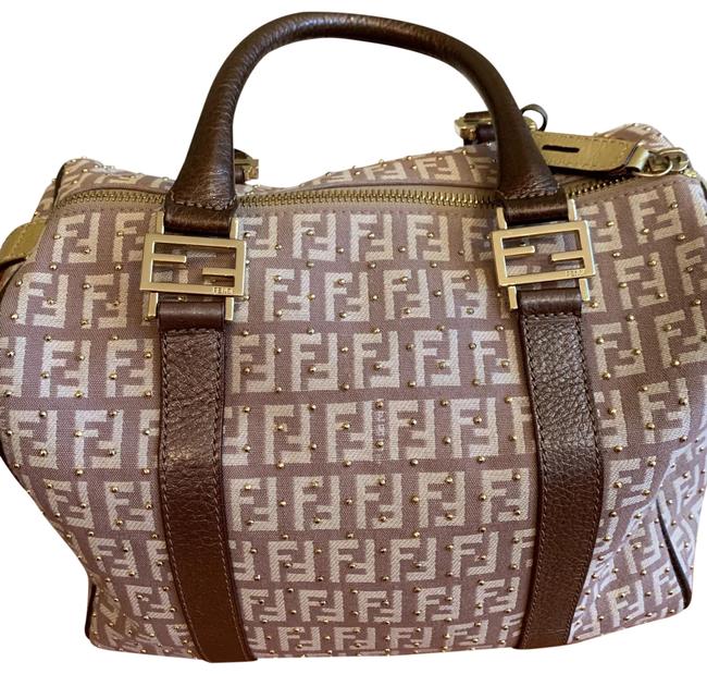 Fendi Monogram Boston Rose GoldGold Studs Leather and Canvas Satchel 