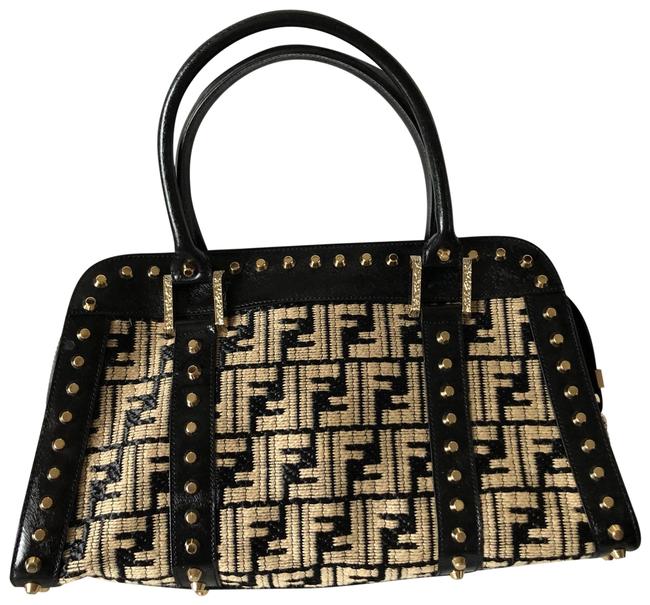 Fendi Monogram Studded Black Gold Tan Leather Satchel 