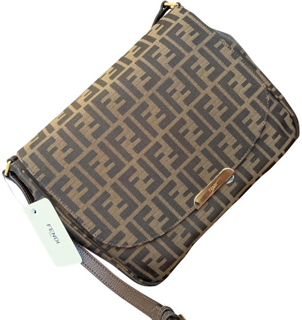 Fendi Large Logo jacquard Tobacco  Chestnut Calfskin Leather Cross Body Bag 