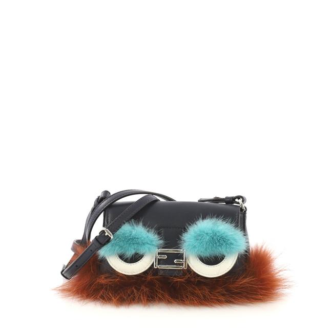 Fendi Monster Baguette Micro Navy Leather and Fur Satchel 