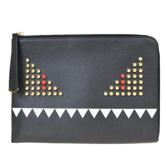 Fendi Monster Hand Gold tone Italy Black Leather Clutch 