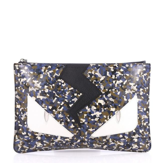 Fendi Monster Pouch Printed Medium Blue Leather Clutch 