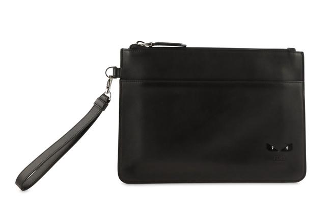Fendi Monster Slim Pouch Small Black Leather Clutch 