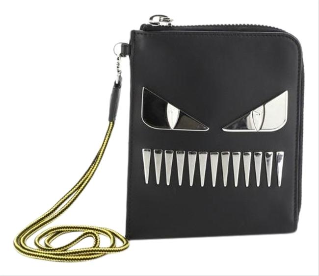 Fendi Monster Zip Around Passport Holder Small Black Leather Clutch 