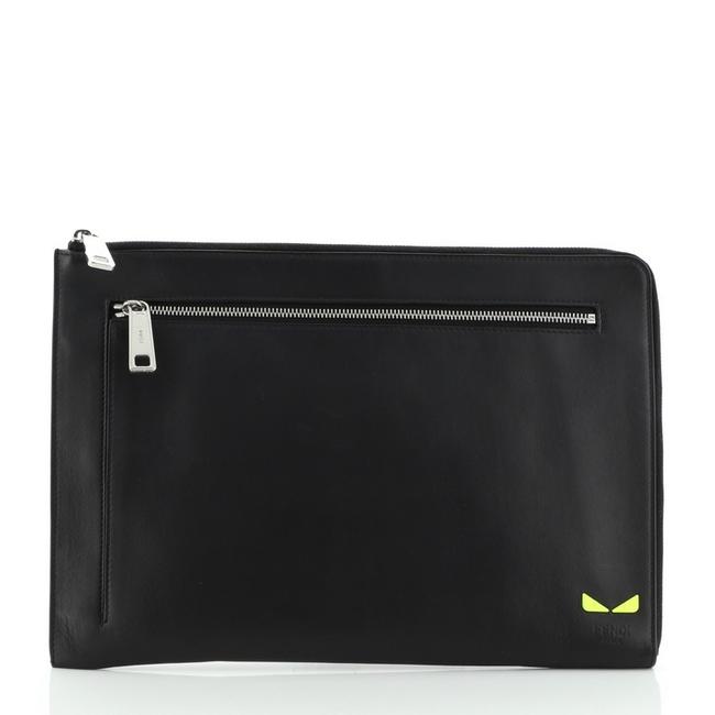 Fendi Monster Zip Pouch Large Black Leather Clutch 