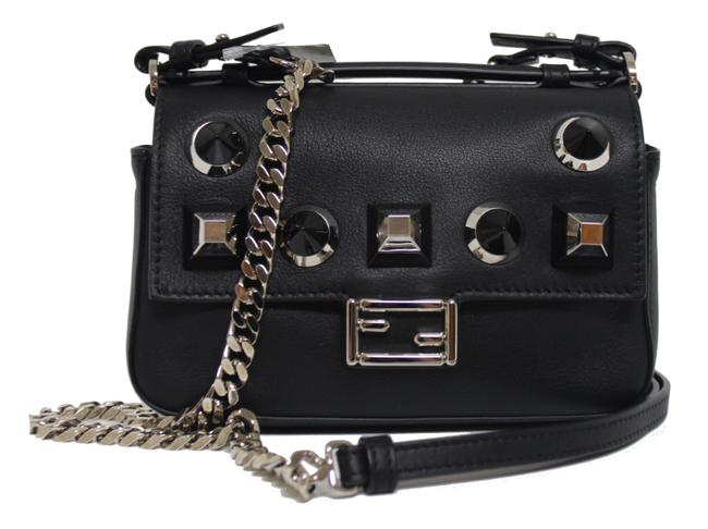 Fendi New Double Micro Baguette Studded Black Leather Cross Body Bag 