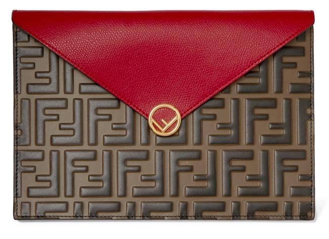 Fendi New Ff Zucca Logo Envelope Pouch New Brown Red Leather Clutch 