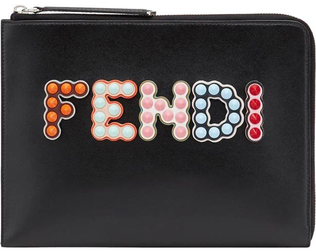 Fendi New Studded Rfid Spike Zipper Pouch Black Leather Clutch 