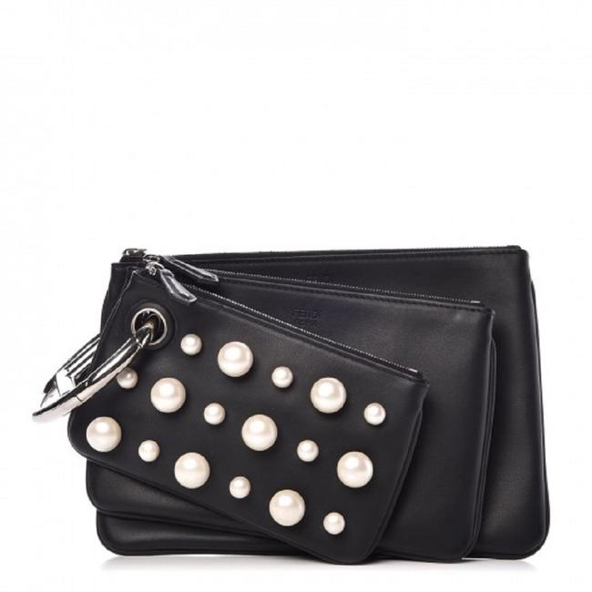 Fendi Pearl Studded Triplette 8bs001 Black Leather Clutch 