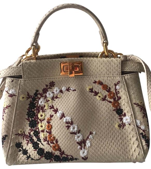 Fendi Peekaboo Embroidered Beige Python Skin Leather Satchel 
