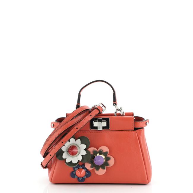 Fendi Peekaboo Floral Embellished Micro Red Leather Satchel 