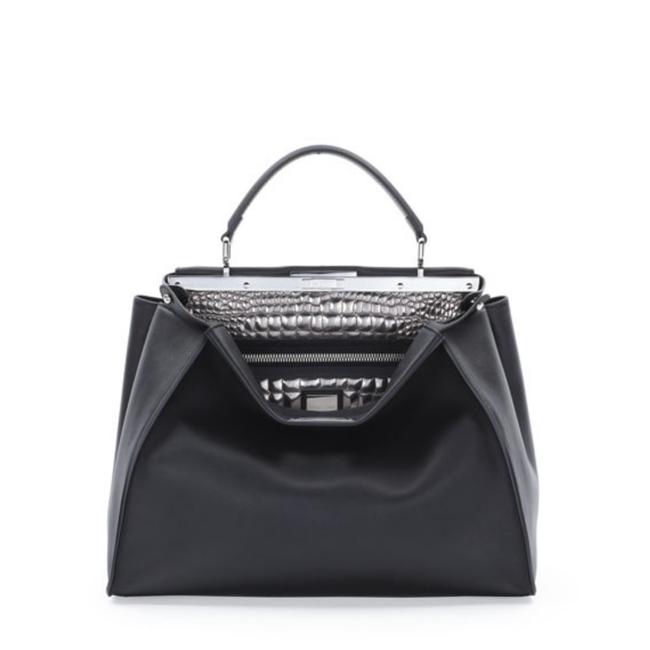 Fendi Peekaboo Large Croc stitched BlackSilver Leather Satchel 