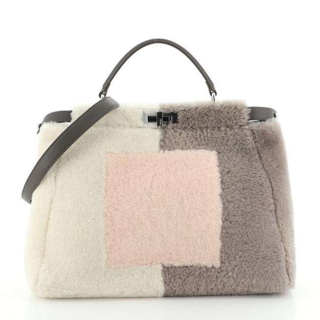 Fendi Peekaboo Large Gray Neutral Pink Shearling Satchel 