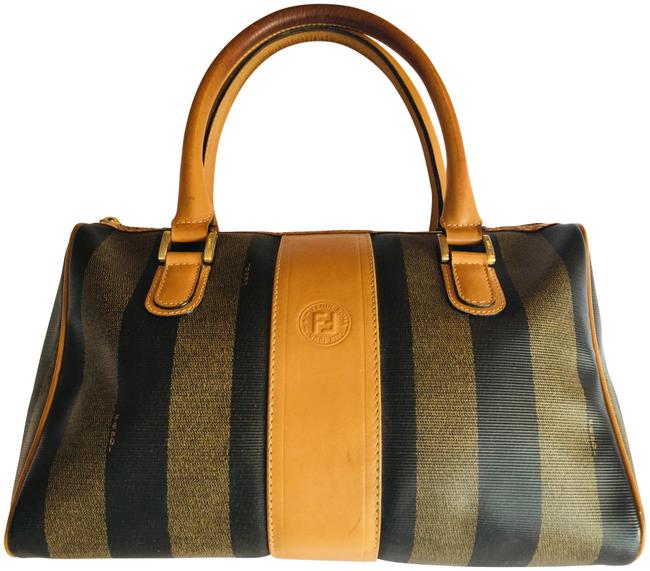 Fendi Speedy Pequin Boston Monogram TanBrown Canvas  Leather Satchel 