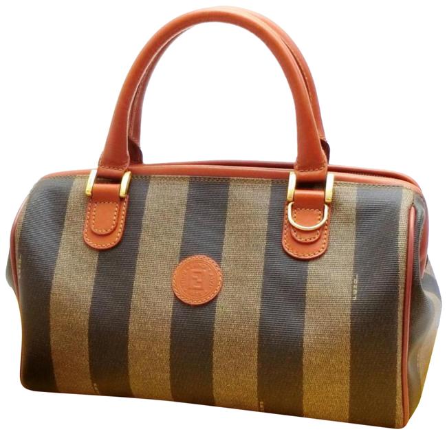 Fendi Boston Bag Pequin Strip with Strap 227808 Brown Coated Canvas Satchel 