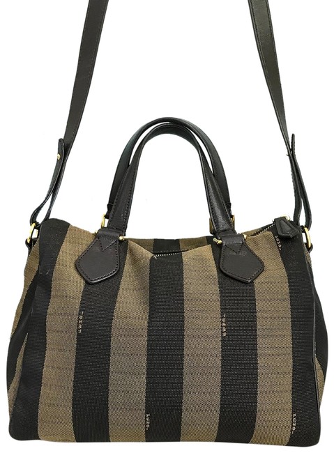 Fendi Crossbody Pequin Stripe Boston Brown Canvas Satchel 