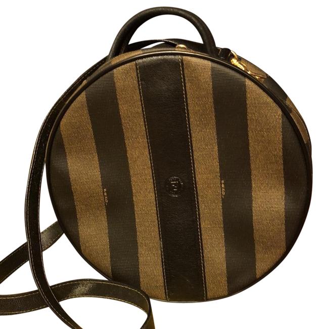 Fendi Crossbody Pequin Stripe Black and Brown Canvas Leather Satchel 