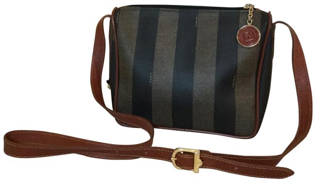 Fendi Pequin Stripe Roma 1925 Brown and Tobacco Canvas Leather Cross Body Bag 