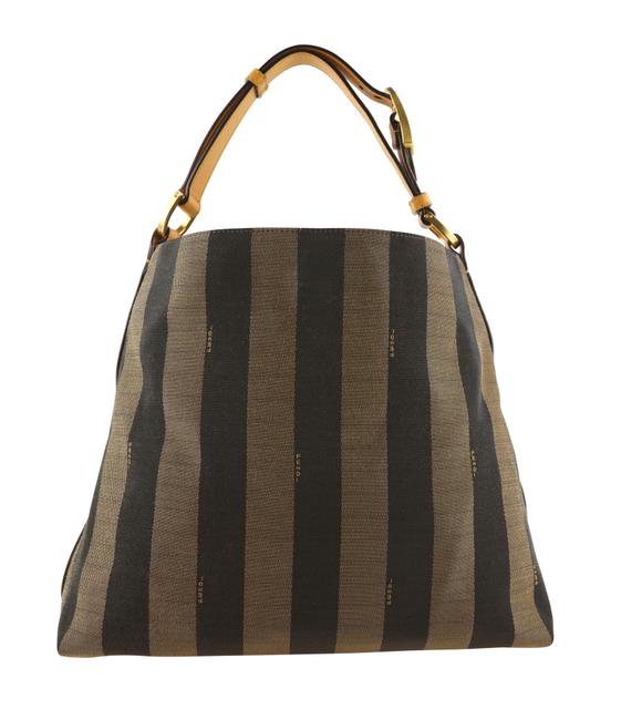 Fendi Pequin Tonal Stripe Brown Canvas Hobo Bag 