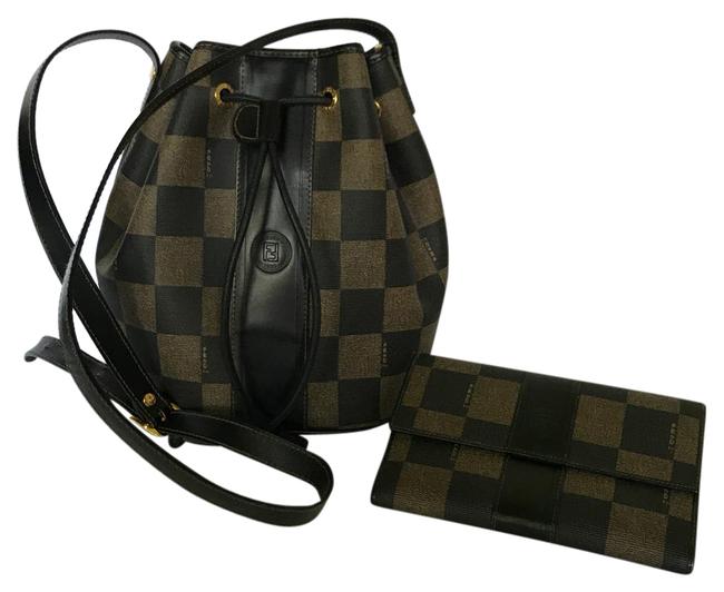 Fendi Pequin Wallet Black  Brown Coated Canvas Leather Cross Body Bag 